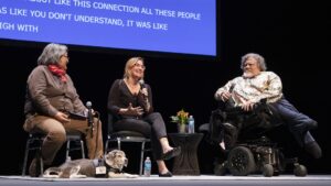 On Sept. 14, anthropology professor Karen Nakamura (left) joined in coversation with the creators of the documentary Crip Camp, Nicole Newnham and Jim LeBrecht, as part of the campus program On the Same Page.