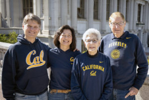 Andrew Haskell, Florence Wong, Ann Haskell, and Barry Haskell in front of Doe Library (UC Berkeley photo by Keegan Houser)